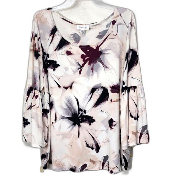 Calvin Klein Floral Bell Sleeve Top Blouse Women’s Size L Stretch Soft Knit - Picture 1 of 9